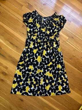London Times Black and Yellow Floral Smocked Knit Dress